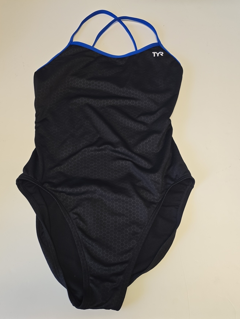TYR Black Swim Suit with Blue Crossback Straps